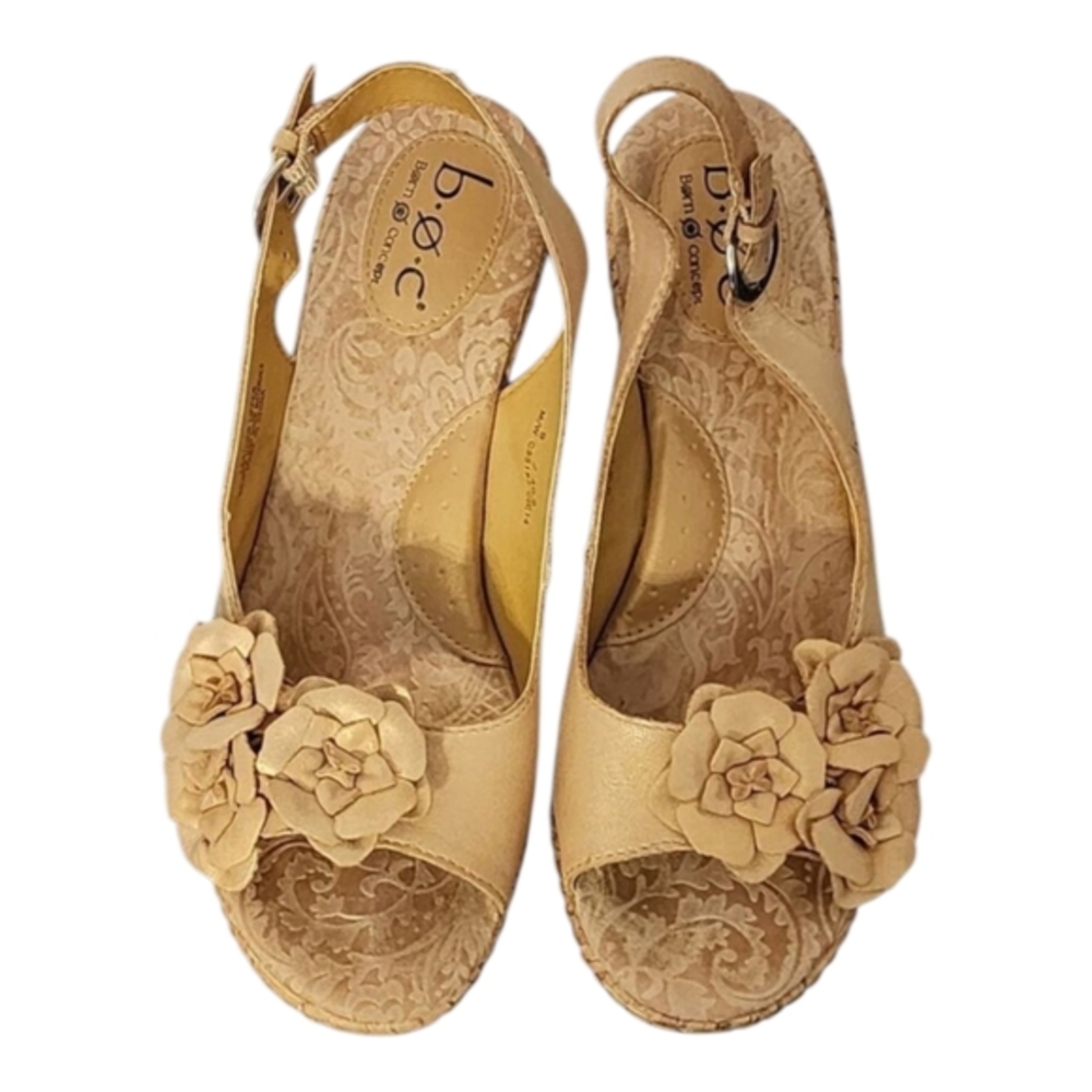 Born b.o.c Gold Floral Slingback Wedge Sandals Comfort Cork Heel Shoes‎ Size 10
